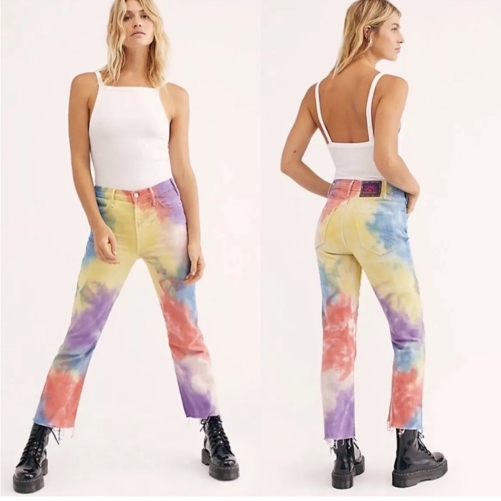 MOTHER Tie-Dye Ankle Jeans in Yellow, Purple, Blue & Coral